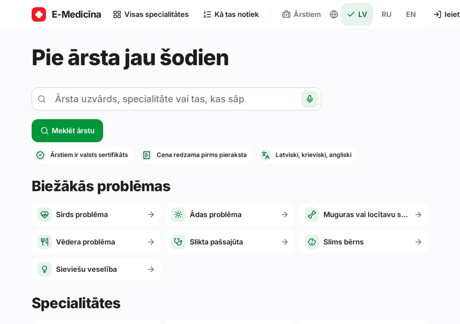 Ekrānuzņēmums: Kā atrast ārstu un pieteikties vizītei, 1. solis